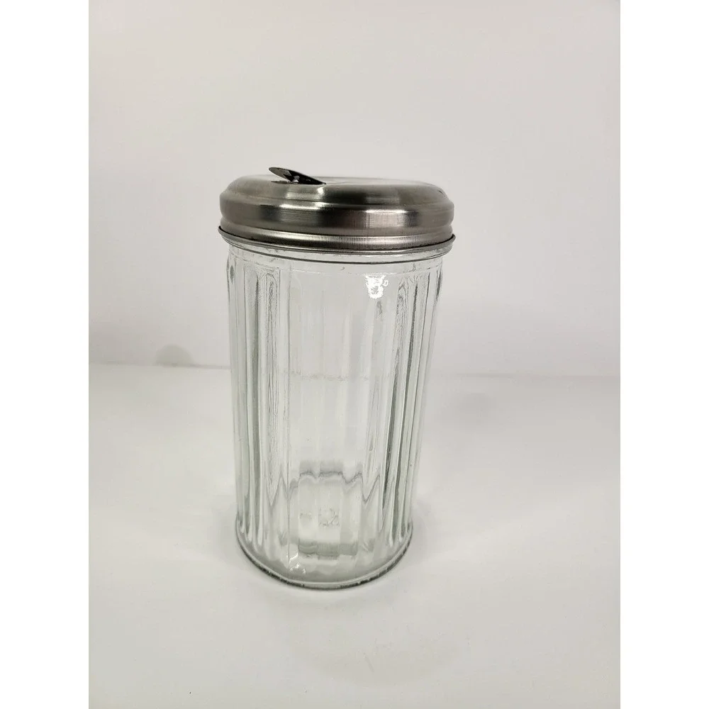 Vintage Anchor Hocking Ribbed Glass Sugar Dispenser Pourer Stainless Steel Lid